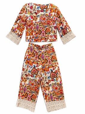 Zara boho resort casual matching set printed crop top wide leg pants small